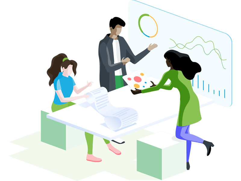 Three team members compare data from a large monitor, a table, and paper documents while preparing for a consultation